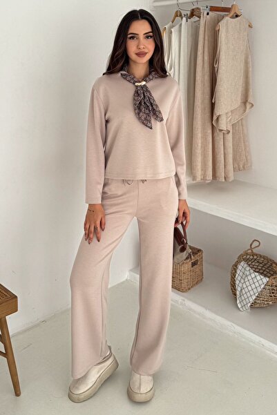 VAGGON Women's Beige Scarf Detailed Sweatshirt and Wide Leg Sweatpants Set Vs01569