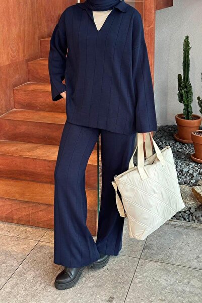 lamelif Collar Detail Double Hijab Suit Navy Blue