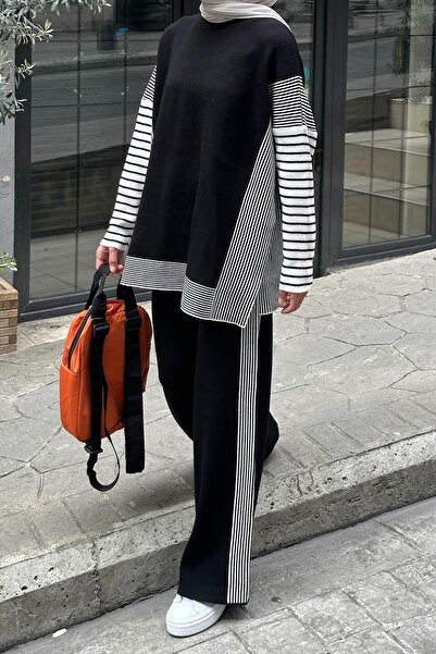 lamelif Side Striped Poncho Hijab Set Black