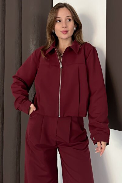 VAGGON Women's Burgundy Zipper Closure Sweat Wide Leg Pants Set Vs01564