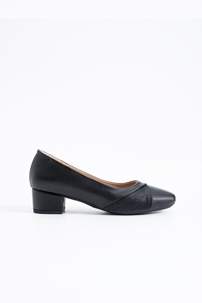 Moda Pie Faceus Low Heel Side Paneled Women's Heeled Shoes Black Satin