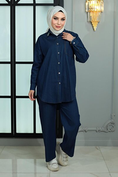 Modamihram Denim Suit with Stone Collar Dark Blue Msw19183-2