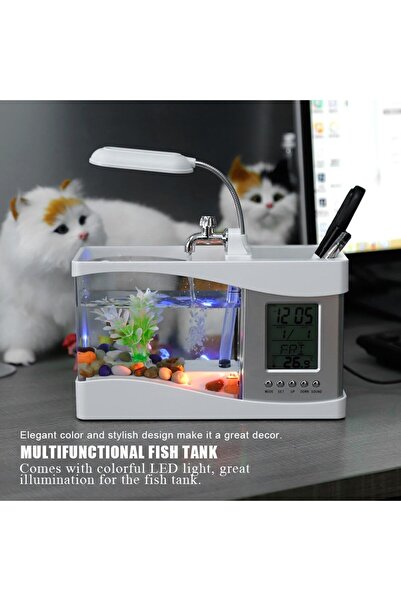 teknom Masa üstü mini akvaryum adaptörlü akvaryum Dijital masa saati kalemlik...