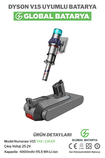 GLOBAL BATARYA DYSÖN V15 Uyumlu Dikey Süpürge Bataryası 4000mAh 25.2v Li-ion ...