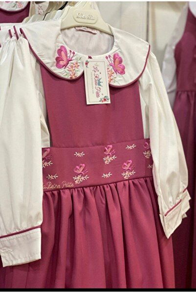 La reina petite Pink school pinafore with butterfly embroidery and matching embroidered shirt