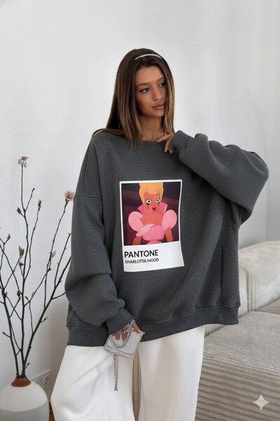 The Champ Clothing Γυναικείο φόρεμα oversized Sweat Smoked Melange - 3 Thread Ş επένδυση fleece Crew Neck, Pantone - με στάμπα πριγκίπισσας