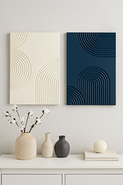 Tavra Dekorasyon 2’li DEKORATİF MİNİMAL, BOHEM TASARIM DUVAR TABLOSU LACİVERT, BEJ (HAND MADE)