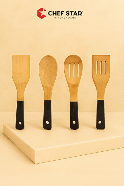 Chefstar NATURAL BAMBU MUTFAK GEREÇLERİ 4’LÜ SET – SPATULA, KAŞIK, DELİKLİ KAŞIK, KIZARTMA SPATULASI