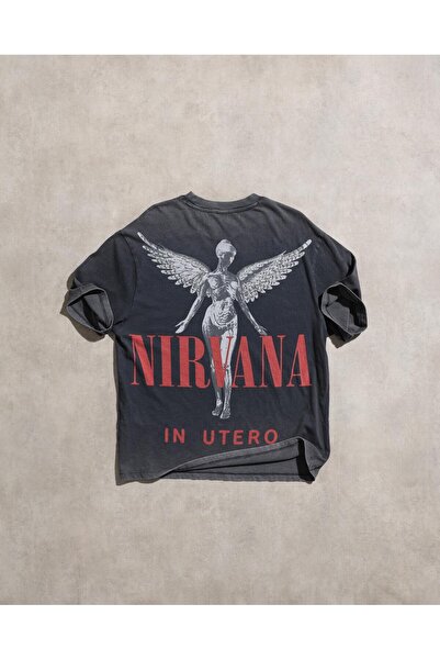 Overdrive Μπλουζάκι Nirvana In Utero Anjelofer με τύπωμα Vintage Washed Grey oversized με κοντό μανίκι ροκ