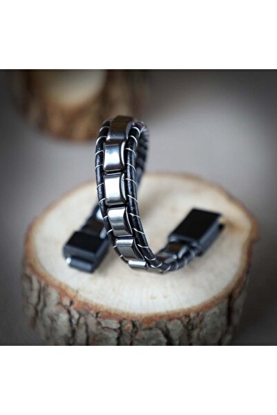 FM Hematite Braided Leather Bracelet 31832B2D8M04