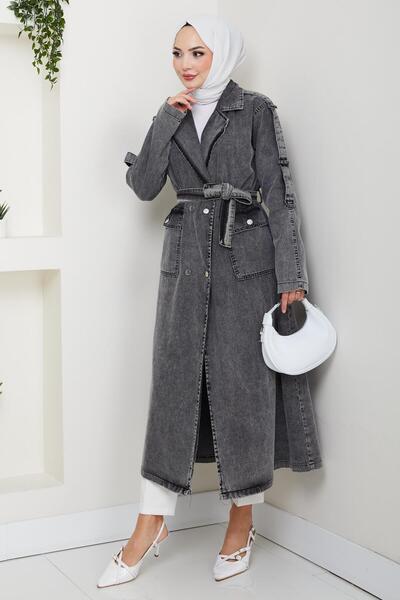 Hb Harma Time Butik Γυναικεία καμπαρντίνα με ζώνη τζιν σε σκούρο γκρι χρώμα