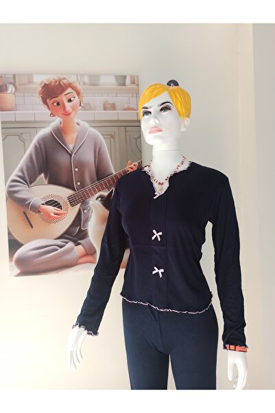 Hababamevi Navy Blue Women's Pajama Set with Ribbon