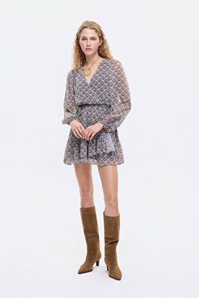 Quzu Kemer Detaylı Desenli Kadın Mini Elbise ELB00868 Kahve