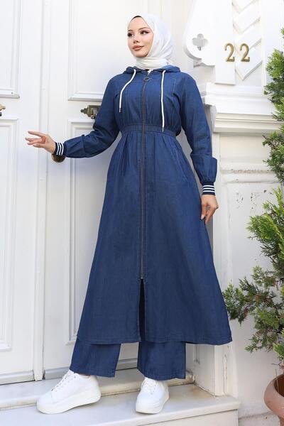 Modamihram Elastic Waist Hooded Denim Set Dark Blue Msw19370-2
