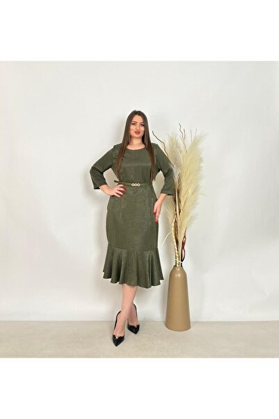 DE WHITES Plus size belted dress with fish detail bottom skirt part