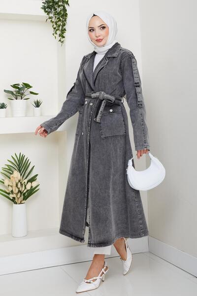 Hb Harma Time Butik Γυναικεία καμπαρντίνα με ζώνη τζιν σε σκούρο γκρι χρώμα