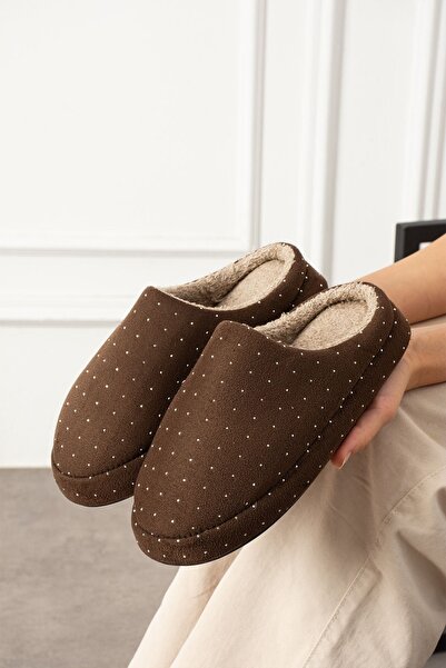 FUGA MODA Loffy Brown Mini Stone Semi-Closed Silent Non-Slip Thermo Sole House Slippers