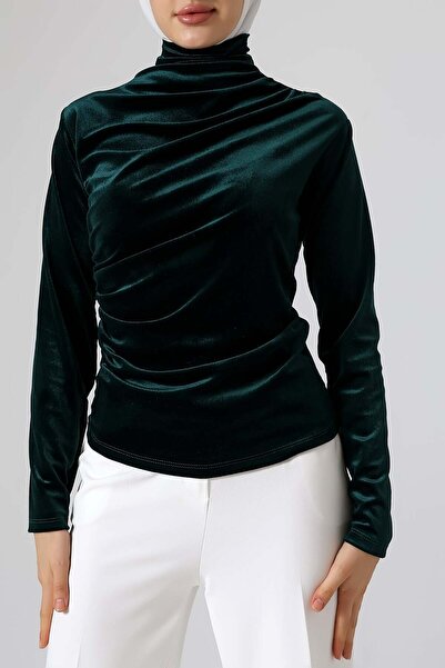 Sabr بلوزة مخملية بياقة مدورة فستان بتجاعيد مجمّعة – أنيقة وراقية