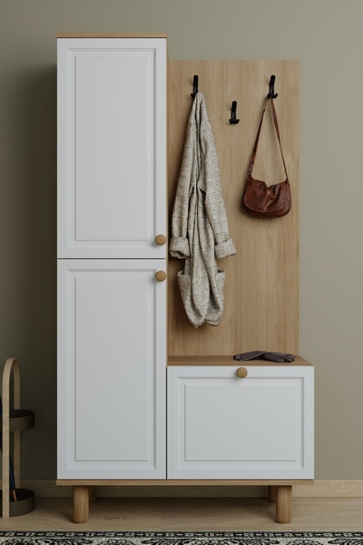 midoser Forma Membran Kapaklı Portmanto 6 Raflı Askılıklı Ayakkabılık Raflı Vestiyer Beyaz - Meşe