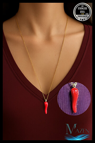 MAZEN Kırmızı Biber Kolye | 316L Çelik | 60 cm Zincir | Kadın Takı Aksesuar