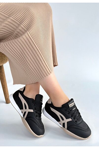 Erbilden Zlay Black Leather Beige Detailed Lace-Up Sneakers