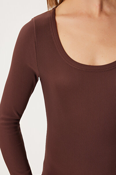 Lovelyİstanbul U Neck Basic Corded Fabric Knitted Blouse Lby0018 Brown