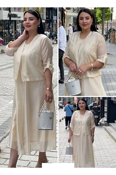 mardi exclusive Women's Plus Size Midi Length Evening Dress Shirt Set Butter