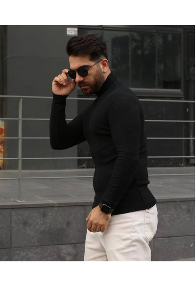 RANESA Black Ribbed Knit Turtleneck Stretch Fabric Sweater