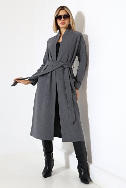 Şiir Jega Women's Regular Fit College Collar Belted Detail Raglan Sleeve Coat - Smoked