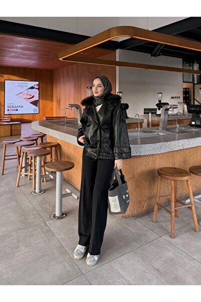 LOCCO Women's Fur Collar Detailed Leather Jacket Black