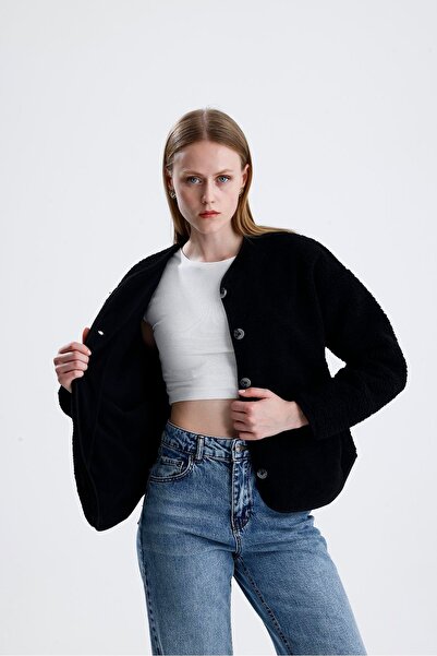 VAPUR TEKSTİL Plush Jacket with Fleece Inside and Buttons - Black