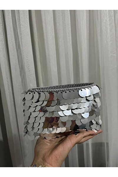 Handmade gri pullu el örgüsü makrome şık el çantası