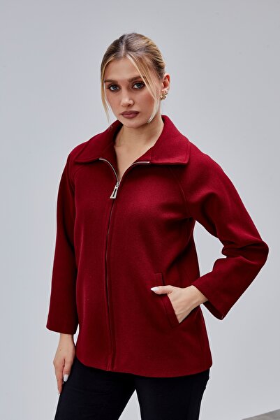 Bolivente Claret Red Oversized Zippered Cashmere Jacket