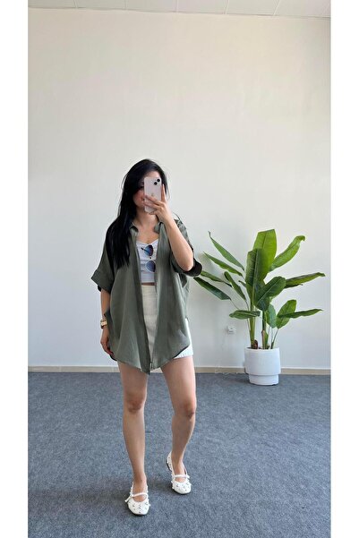 Pera Asimetrik Kesim Keten Gömlek - Haki