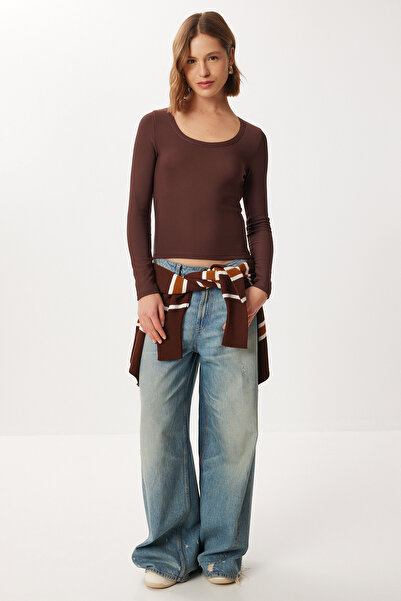 Lovelyİstanbul U Neck Basic Corded Fabric Knitted Blouse Lby0018 Brown