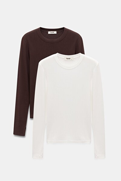 Saade Women's Crew Neck Finger Hole Long Sleeve Bodysuit/Blouse - Pack of 2