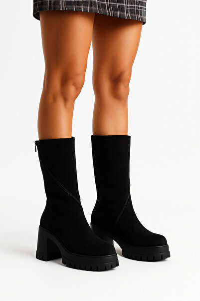 Limeo Women's Suede Black Round Toe Thick Soled Zippered Platform Heeled Long Boots