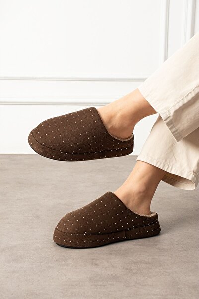 FUGA MODA Loffy Brown Mini Stone Semi-Closed Silent Non-Slip Thermo Sole House Slippers