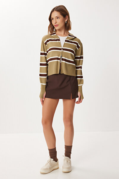 Lovelyİstanbul Finger Interlocking Hooded Striped Knitwear Cardigan Lmt0048 Olive Green