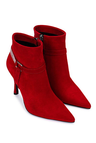 Tamer Tanca Women's Genuine Leather Red Suede Heeled Boots