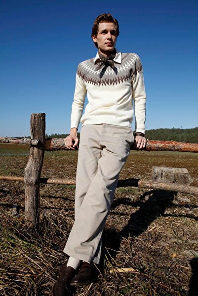 Desen Triko Men's Crew Neck Robe Cashmere Wool Sweater Bone