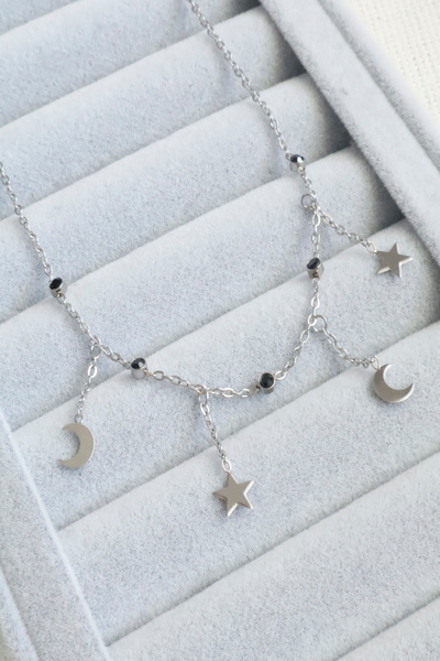 DEMOKAN Women's Steel Anklet Dangle Crescent Star Black Zircon Stone Non-Tarnish Anklet