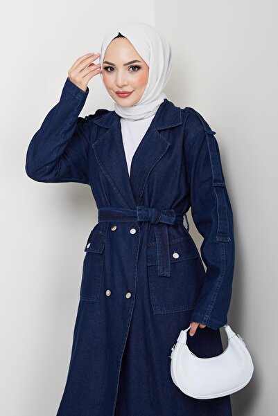 Hb Harma Time Butik Women's Belted Denim Navy Blue Trench Coat with Pockets