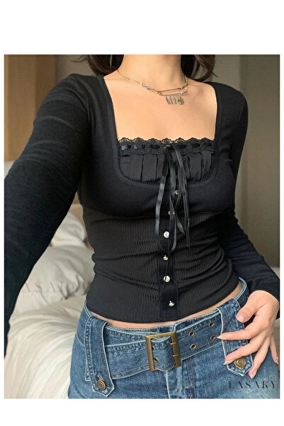 Köstebek Gathered Neckline Buttoned Long Sleeve Gothic Blouse