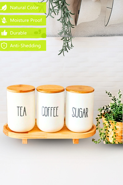 Penthouse Wooden Stand and Set of 3 Tea/Coffee/Sugar Glass Jars (1000 ml)
