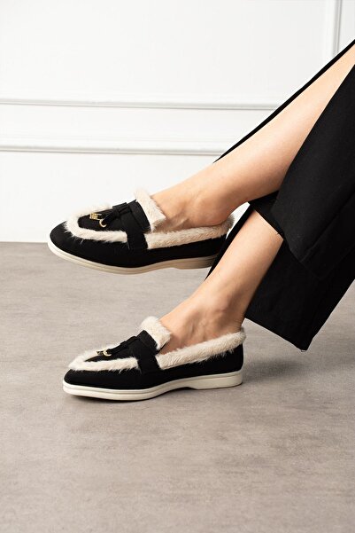 FUGA MODA حذاء رافون أسود بيج من جلد الغزال ميني إكسسوارلي بلوش تفاصيل مخططة لوفر باليه كاجوال