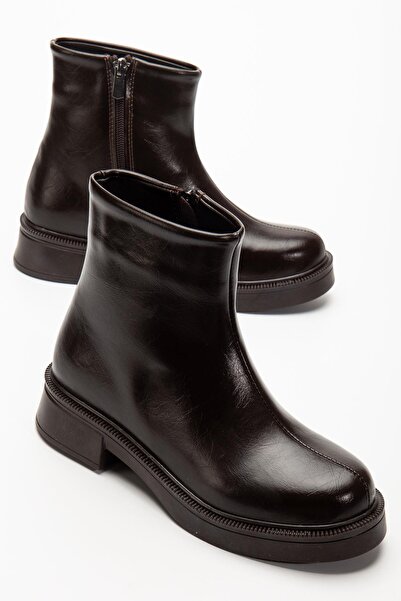 Aymood 02-3033 Brown Wrinkled Patent Leather Zippered Daily Women's Boots