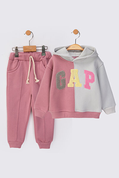 baby flamindo Hooded Süzene Embroidered Winter Fleece-Lined 3-Ply Girls' Tracksuit Set