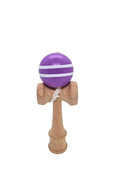 OEM Mini Kendama din Lemn 12 cm cu Bilă Mov Lucioasă și Dungi Albe – Joc de Dexteritate pentru Copii