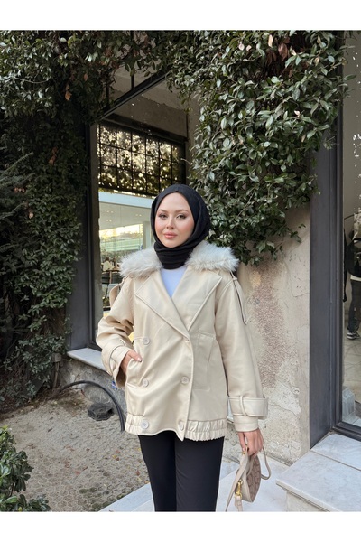 LOCCO Women's Fur Collar Detailed Leather Jacket Cream